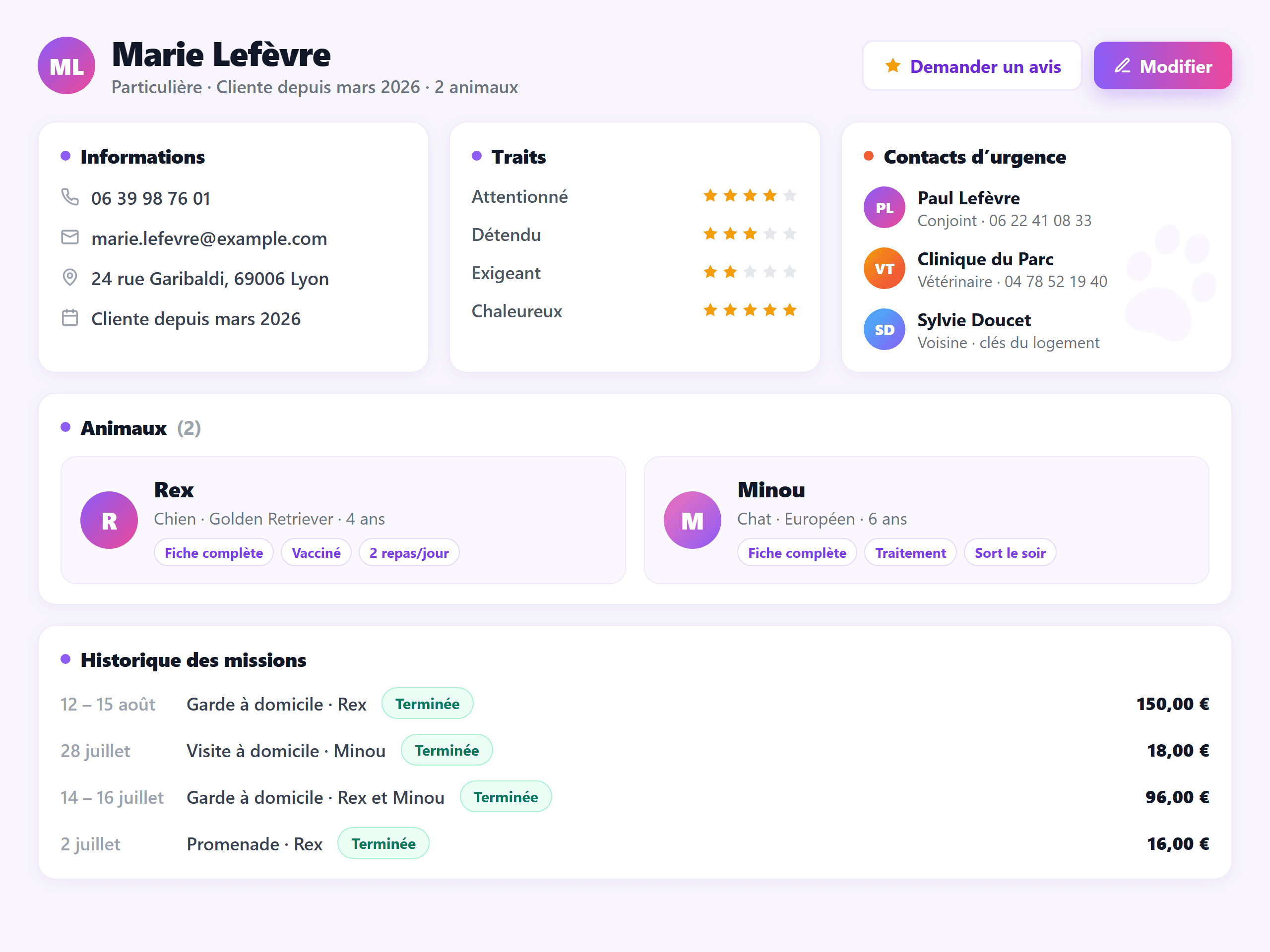 Fiche client LogiPetPro avec animaux, traits de caractère, contacts d'urgence et historique des missions