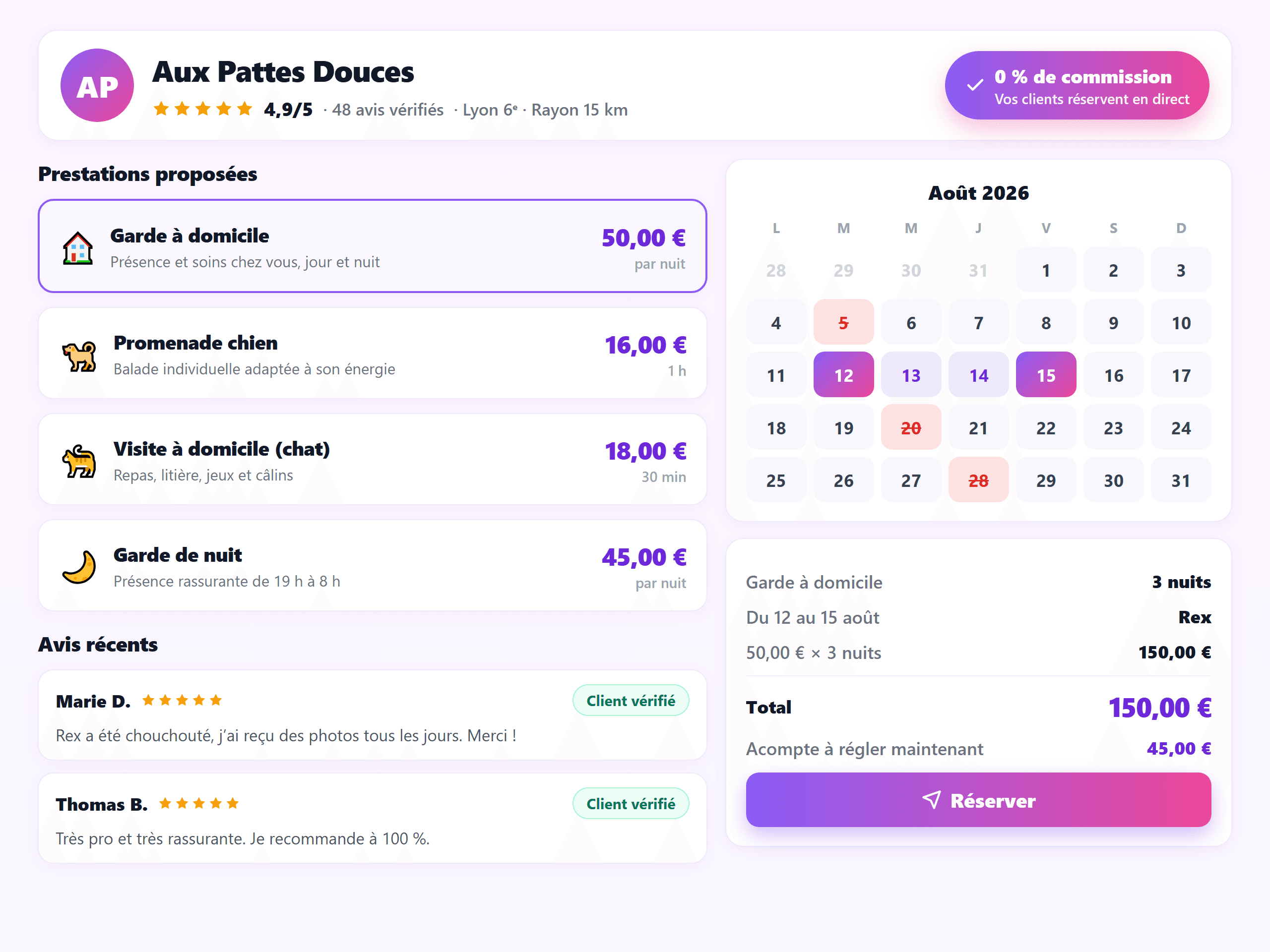 Page de réservation en ligne d'un pet-sitter LogiPetPro : prestations, tarifs, avis clients et calendrier de disponibilités