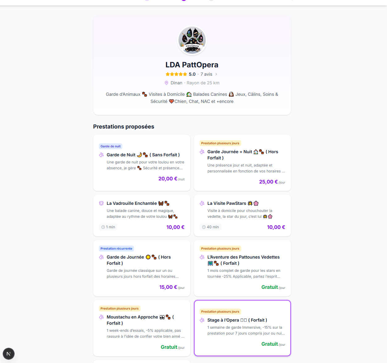 Page de réservation en ligne d'un pet-sitter LogiPetPro : prestations, tarifs, avis clients et calendrier de disponibilités