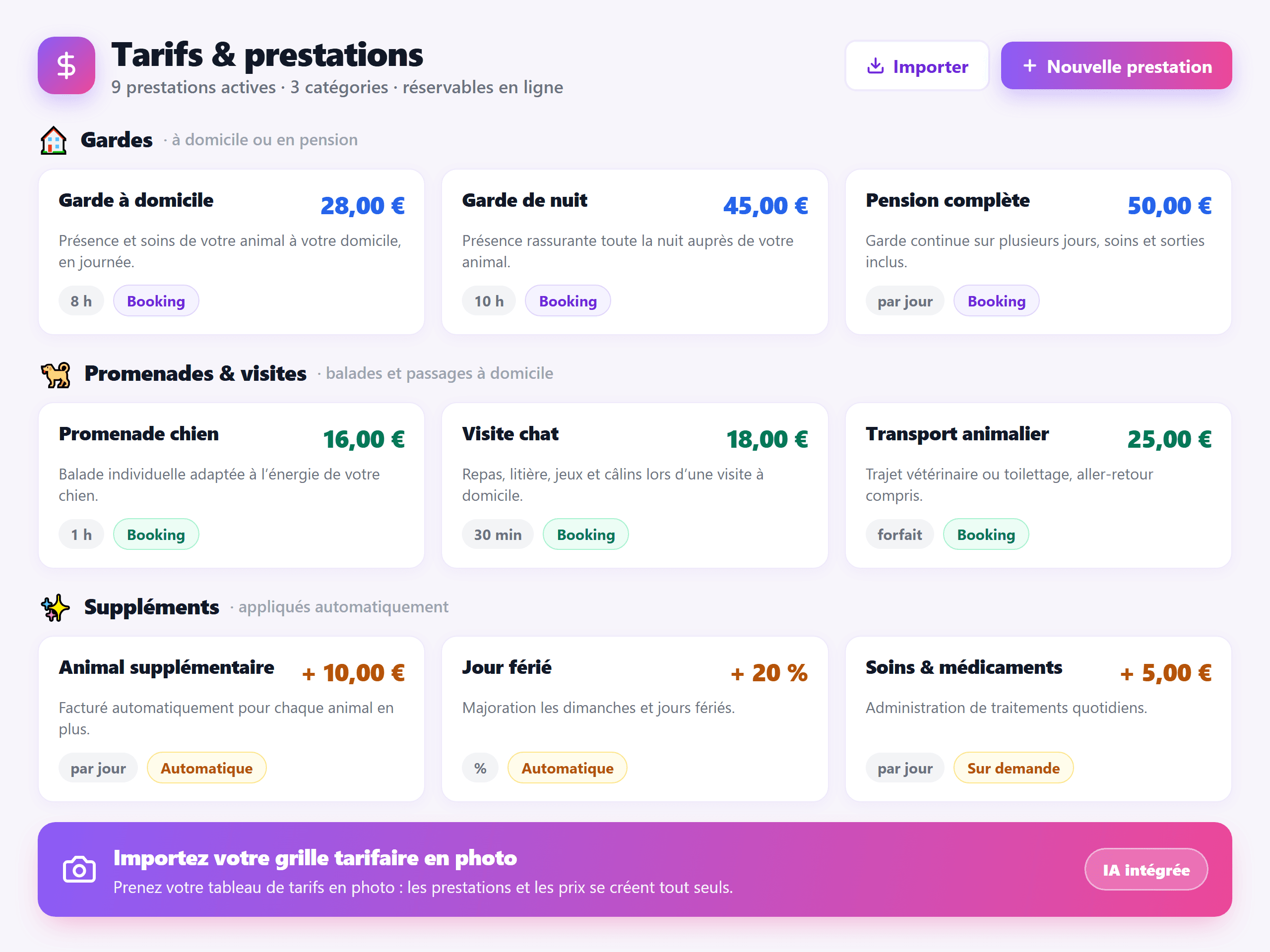 Écran Tarifs & prestations LogiPetPro avec gardes, promenades et visites à domicile