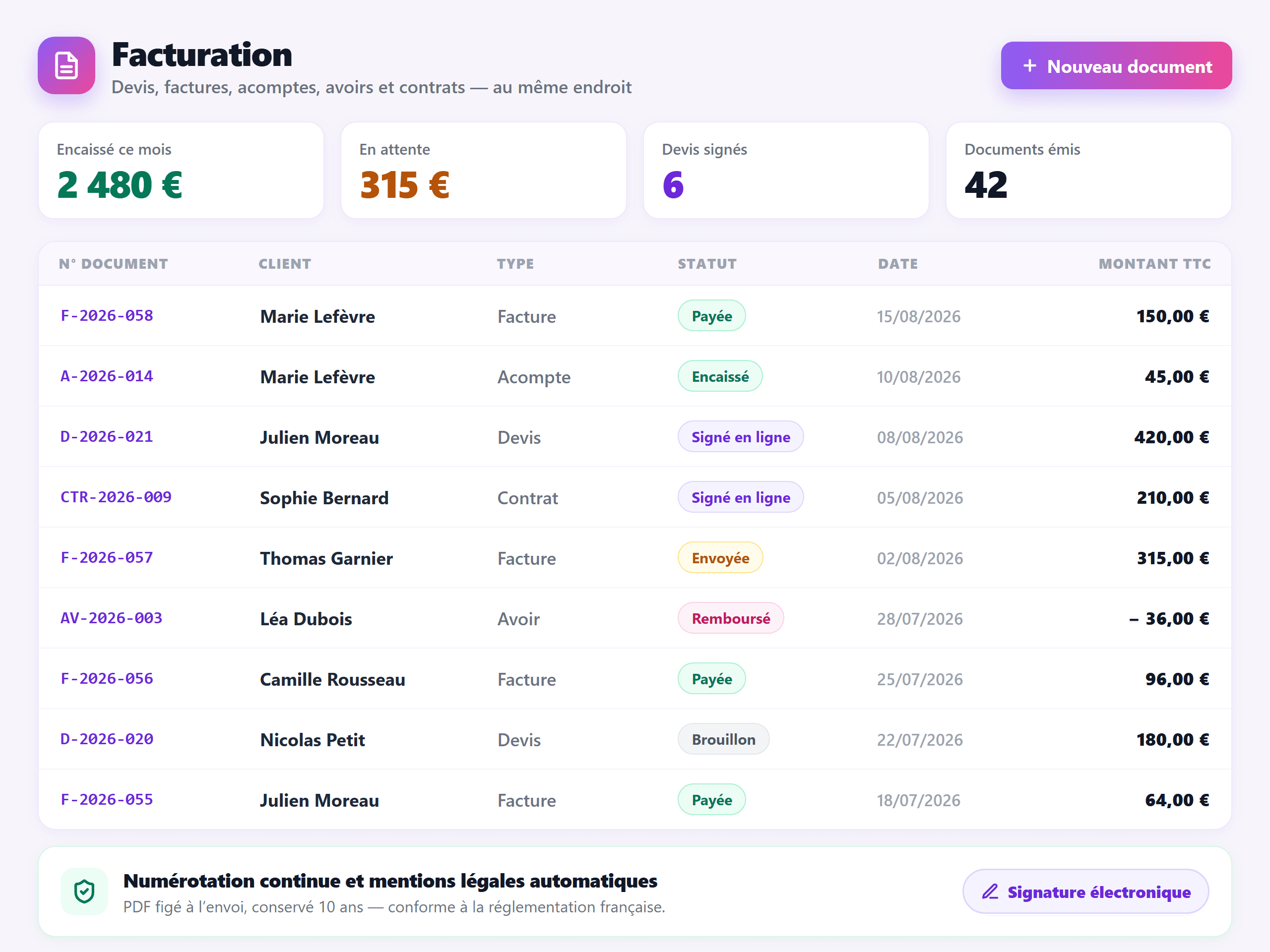 Création d'une facture de pet-sitting dans LogiPetPro : lignes de prestations, numérotation automatique et mentions légales